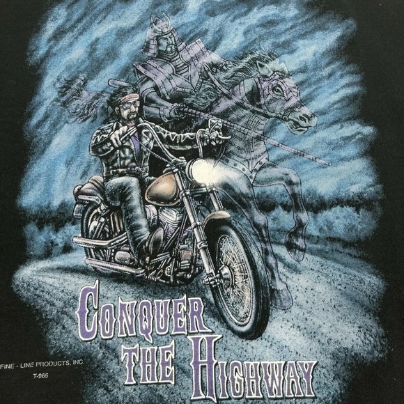 Vintage 90’s Conquer The Highway Black‎ Biker T Shirt Single Stitch Tee Size XL - Picture 2 of 5